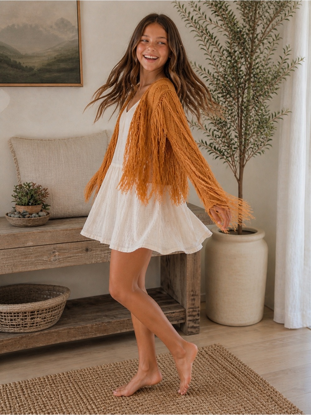 Joyfolie - Fringe Open-Front Cardigan in Rust Orange